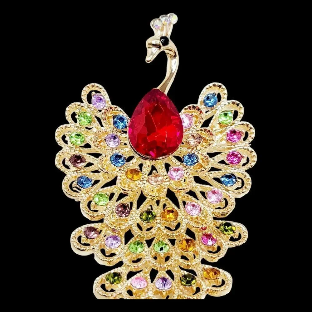 Beautifull Large Gold‎ Peacock With Multi-Colored Rhinestones Brooch Pin Pendant